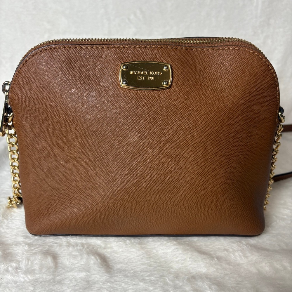Michael Kors Dome Crossbody Bag‎ Brown Leather Chain Accent Purse Minimalist